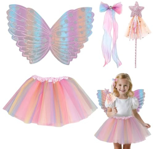 YSAOAKA 4 pcs Deguisement Fee, tutu baguette magique, barrette à nœud, ailes de fée, costume de princesse ange, robe de fête pour enfant fille, carnaval, cosplay, fête
