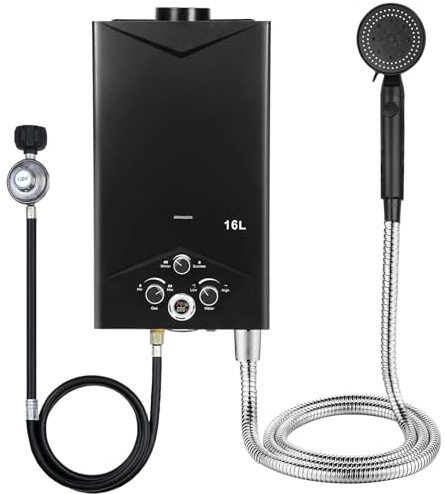 Chauffe-Eau à Gaz 16L Portable avec Affichage Numérique | Chauffe-Eau Instantané au Gaz Propane pour Camping, Douche Extérieure, Caravane et Intérieur | Chauffage d’Eau Sans Électricité