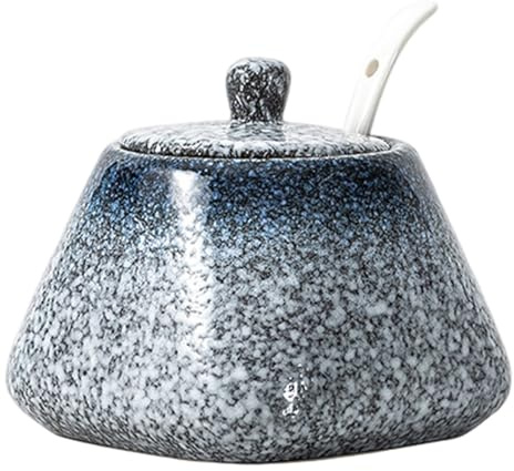 Odoukey Zuccheriera con coperchio e cucchiaio Barattolo di sale in ceramica antiscivolo in stile giapponese da 430 ml per bancone cucina bar
