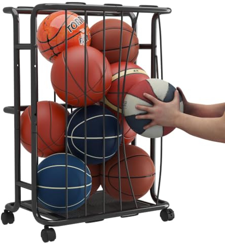 Ornestia Metal Ball Storage Rack,Gym Garage Outdoor Ball Rack,Black | Ball Holder with Elastic Rope for Basketball, Soccer, Volleyball, Football, Gym, Sports Equipment Organizer
