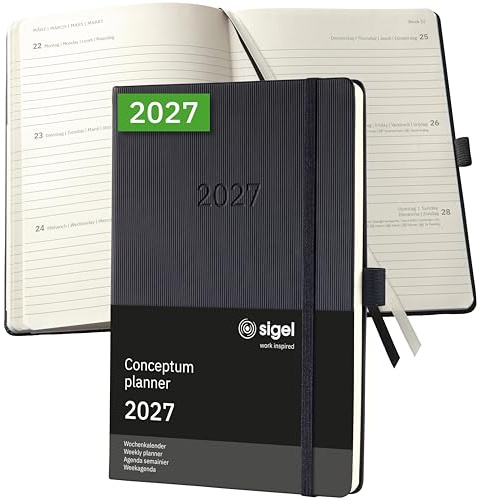 SIGEL Conceptum Wochenplaner 2027 A5 Hardcover schwarz | C2712, 192 Seiten, Wochenkalender mit Gummiband, Stiftschlaufe, Archivtasche, aus nachhaltigem Papier, Kalenderbuch