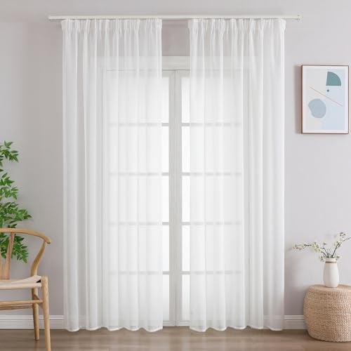 CUCRAF Voile Gardinen mit Kraeuselband Transparent H245xB140cm 2er Set Weiß | Stangedurchzug Blickschutz Tageslicht Lichtdurchlaessigkeit geringe Distanz Voile fuer Wohnzimmer Schlafzimmer Kinderzimmer