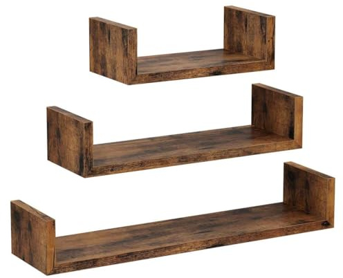 Begryf Wandregal Set 3er Dunkelbraun – schwebende Wandregale 60x15x10 cm, 45x15x10 cm, 30x15x10 cm, U Form Regal aus MDF Holzoptik, Wandboard für Wohnzimmer Küche Flur Bad, Industrial Loft Ablage