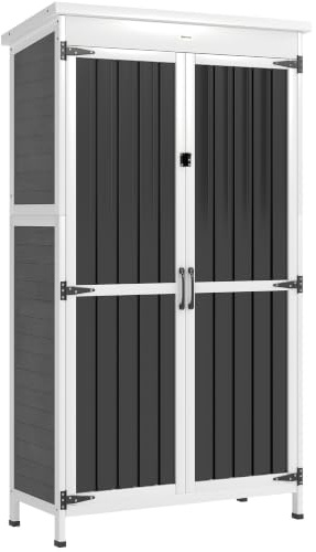 Outsunny Außen-Gartenschrank 94x43x166 cm Weiß Schwarz | Tannenholz und Stahl, Abschließbare Tür, Bitumendach, Herausnehmbare Regale, Außen-Werkzeugschuppen