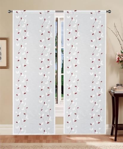Tata Home Coppia Tende per Interni a Vetro Finestra Semitrasparenti Bianche Tende Cucina Bagno Camera Ricamate Fantasia con Foglie Misura 60x240 cm Mod. AUGUSTA B1 Colore Rosso
