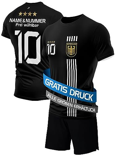 DE FANSHOP Original Personalisiertes Fussball Trikots in Schwarz. Deutschland Trikot Set mit Hosen EM 2024 mit eigenem Namen Herren Damen Jungen Kinder Geschenke für Fans der Nationalmannschaft 5DB
