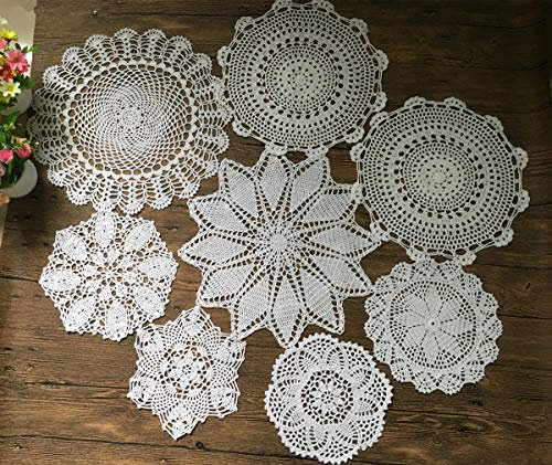 MINDPLUS Set mit 8 Handgehäkelten Deckchen aus Baumwolle Gehäkelte Spitze Deckchen Untersetzer Tischset 23-40 cm Rund Weiß Vintage-Hochzeit Teeparty (8 Stück Weiß)