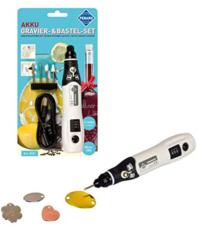 Pebaro 0351 Akku Gravierset: Graviergerät kabellos USB, 2 keramische Schleifstifte, 2 diamantierte Schleifstifte; Basteln, Gravieren, Verzieren von Glas, Spiegel, Keramik, Porzellan, Metall
