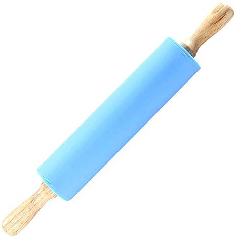 Non-Stick Silicone Rolling Pin with Wooden Handles, Revolving Wooden Handle Rolling Pin, Mini Pastry Dough Roller, for Baking, Fondant, Pizza, Pasta, Cookie, Pie - Blue, 39cm / 15.35in