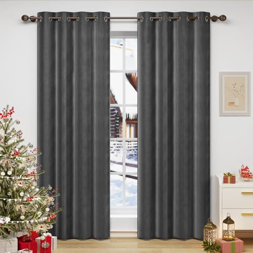 WOLTU Verdunklungsvorhang Blickdicht Samtvorhänge mit Ösen, 2 Stücke Thermogardine Ösenvorhang 300 g/m² Schwere Verdunkelungsgardinen lichtdicht für Schlafzimmer Wohnzimmer, 140x245 cm Dunkelgrau
