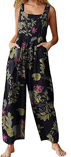 Springcmy Women's Loose Overall Dungarees Floral Jumpsuit Sleeveless Casual Baggy Playsuit Summer Wide Leg Long Pants Romper (C-Navy Blue, M)