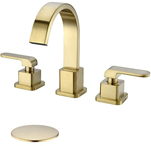 Waschtischarmatur mit Pop-Up-Ablaufgarnitur, gebürstet, goldfarben, 2 Griffe, 20,3 cm breit, quadratisch, Wasserfall-Waschtisch-Gefäß, Messing