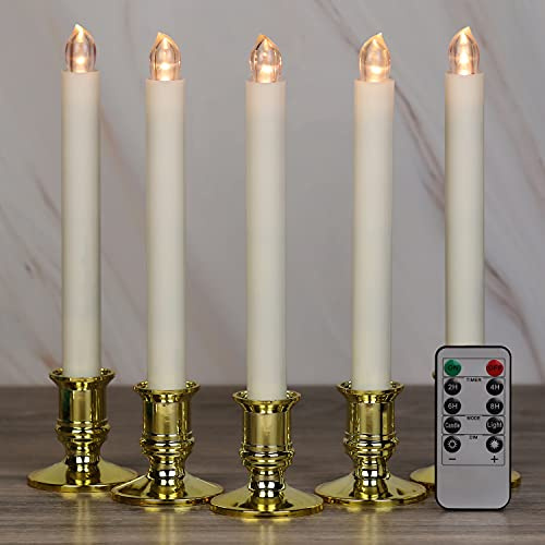 OWLBAY Set of 6 Flickering Flameless Window Candles with Remote and Timer, 8.7H Battery Operated LED Taper Candles with Removable Gold Holders and Suction Cups, Ideal for Daily Daily/Christmas Decor