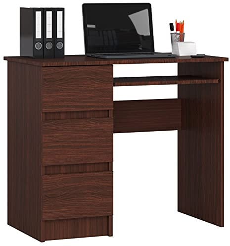 AKORD Schreibtisch A6 90 cm | 3 Schubladen Links | Schreibtisch | Bürotisch | Computertisch | Arbeitstisch | Laptoptisch | Bürmöbel | B90 x H77 x T50 cm | Gewicht 29,95 kg | Wenge/Wenge