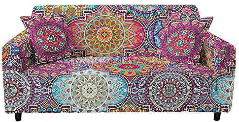 FANSU Stretch Sofabezug mit Armlehnen, Vintage Mandala Blumen Bedruckter Antirutsch Sofabezug Modern Haus Dekoration, L Form Sofabezug/Couchbezug/Sesselbezug (Bunt,3 Sitzer)