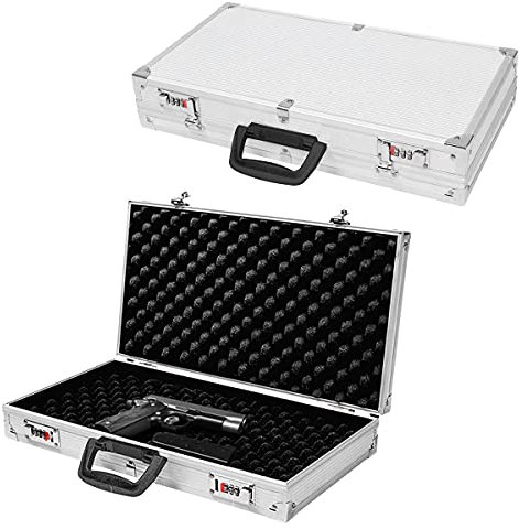 RELAX4LIFE Waffenkoffer für Pistole & Kurzwaffen, Gewehrkoffer mit 2 Zahlenschlössern, Pistolenkoffer mit Griff, Jagdkoffer mit Innenfutter aus Schaumstoff, ABS & Aluminium, 47 x 25 x 8,3 cm, Silber