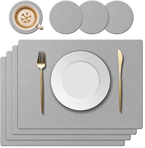 KERYCHIN Tischset aus Silikon und Untersetzer mit Blattmuster, Hitzebeständig 230°C, Leicht zu Reinigen, Platzset für Hause, Küche, Restaurant, Hotel, Kinder Teller, 40x30cm, 8er Set, Hellgrau