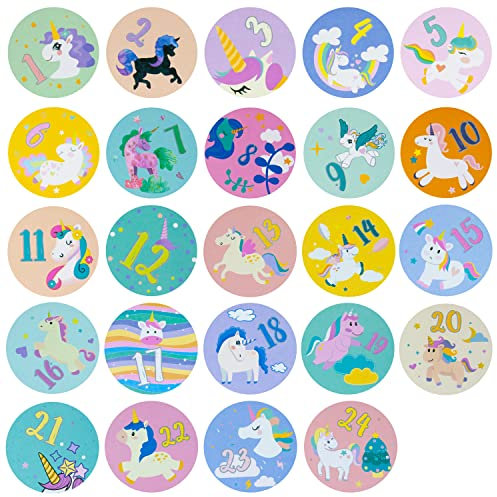 Oblique Unique® 24 Adventskalender Sticker mit Zahlen Aufkleber für Weihnachten Kinder Motive zum Basteln Verzieren Dekorieren (Einhörner)