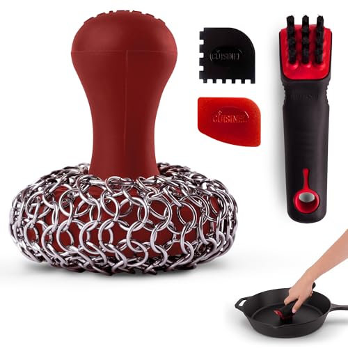 Gusseisen-Ketten-Postschrubber + Reinigungsbürste + Pfannen- und Grillschaber – das ultimative Set für Bratpfannen und Grill, weich, griffiger Griff, Scheuerwerkzeug aus Silikon und Edelstahl-Zubehör