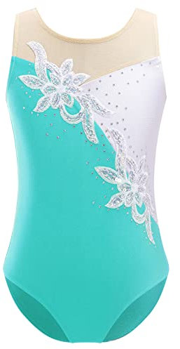 CHICTRY Kinder Mädchen Turnanzug Ärmellos Ballettanzug Pailetten Strass Blumen Glitzer Gymnastikanzug Mesh Spleiß Trikotanzug Ice Skating Outfit Tanz Blau Grün 146-152