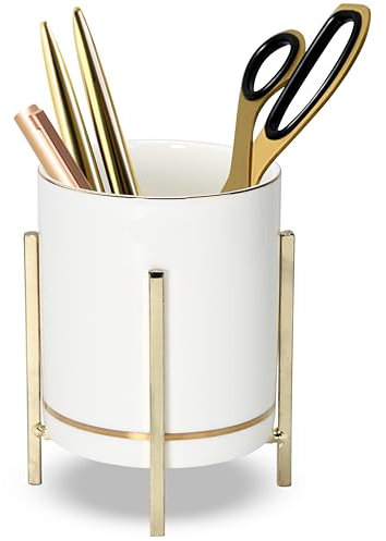 Bleistifthalter & Stifthalter für Schreibtisch, Keramik-Stiftbecher 8.5 cmx9.7 cm, Schreibtischdekoration für Damen Mädchen, Make-up-Pinselhalter, goldene Halterung, 1 Stück