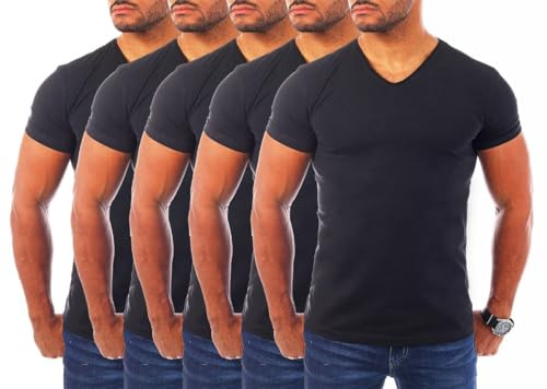 Young & Rich Herren Uni T-Shirt mit V-Ausschnitt Basic V-Neck Tee mit Stretchanteilen einfarbig Slim fit 1700