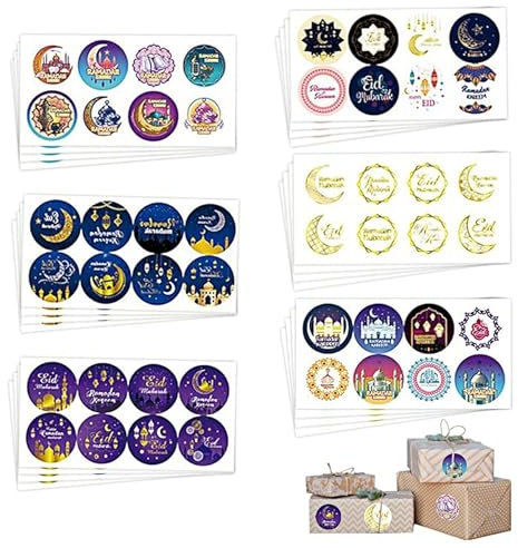 192 Stück 3.8cm Eid Mubarak Aufkleber Ramadan Geschenkaufkleber Selbstklebende Kareem Sticker Islamische Muslim Party Deko Basteln für Geschenke Verpackung Muslim Islam Party Supplies