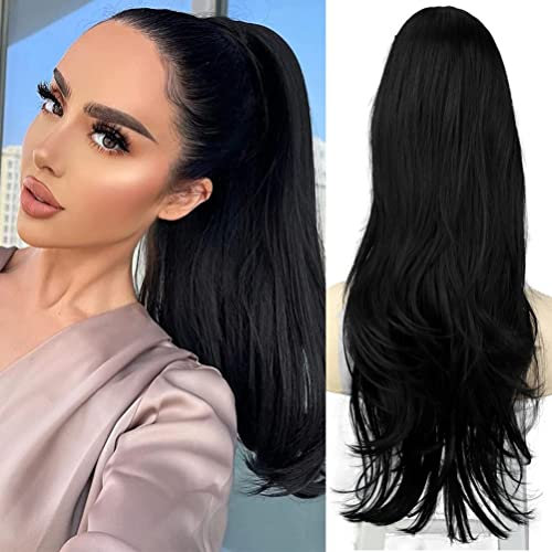 Ponytail Extension Schwarz Pferdeschwanz Haarteil Glatt mit Kordelzug lang Haarverlängerunge Kunsthaar wie Echthaar Haarteil für Damen Afro zopf 65cm 1B#AL062G