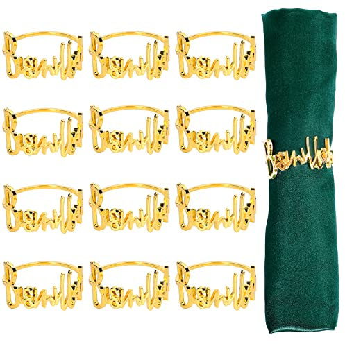 Whaline 12 Stück Metall-Bismillah-Serviettenringe, goldfarben, Eid-Ramadan-Metall-Serviettenhalter, Hochzeit, Alphabet, Abendessen, Serviettenschnallen, Tischringe für islamische Tischdekoration
