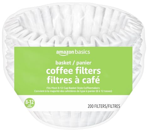 Amazon Basics Basket Coffee Filters for 8-12 Cup Coffee Makers, White, Compostable, 200 Count