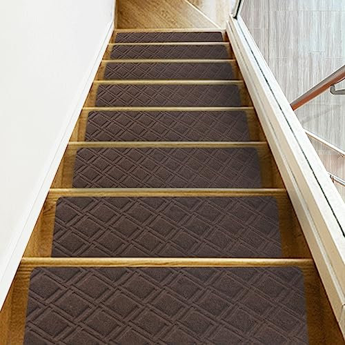 Triceratops Alfombra antideslizante para escaleras de interior para peldaños de madera, con respaldo de goma antideslizante, extraíble, lavable, perfecta para mascotas (marrón)