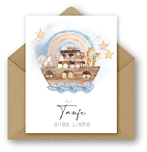 Pusteblume Grusskarten 2 x Taufkarte mit Arche auf der Vorderseite im Aquarellstil gemalt - Hergestellt aus recyceltem Papier Karte Taufe (2 Stück)