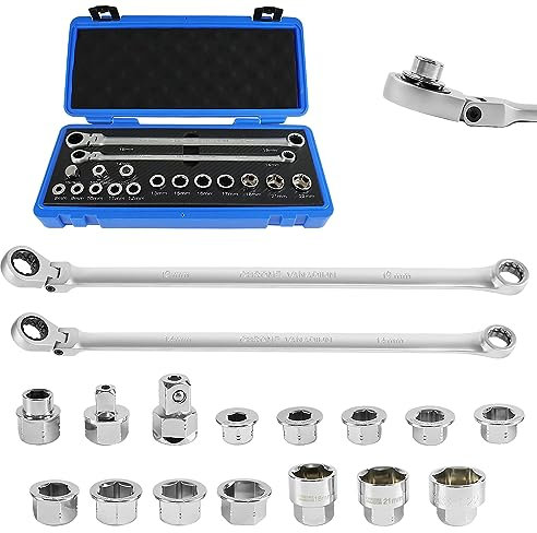 LOSCHEN 17pcs Extra Long Metric Flex-Head Ratcheting Wrench Double Box End Combination Wrench Set with 72 Teeth, Chrome Vanadium Steel Tubing Ratchet Spanner(US and European Patents)