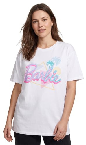 Barbie Womens T-Shirt | White Pastel Palm Tree Beach Oversized Graphic Tee for Ladies | Classic Logo Short-Sleeved Retro Fashion Top | Doll Casual Graphic Tee Movie Merchandise Gift