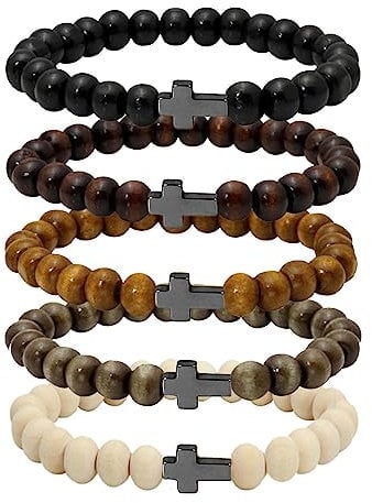 MILAKOO 5 x Stretch-Armbänder aus Holz für Damen und Herren, Meditation, Gebet, Mala, Naturperlen, regolabile da 16,5 a 19 cm, Stein Holz, Kein Edelstein