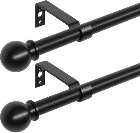 2 Pack Curtain Poles, Black Curtain Pole for Eyelet Curtains 80 to 122 cm, Small Curtain Rod for Door with Brackets, 16mm Diameter Thin Metal Adjustable Curtain Pole