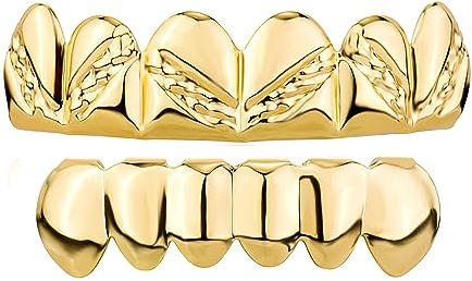 OYOGAA Herren Dental Grillz Hip Hop Herren Grills für Ihre Zähne, 18 K vergoldet, 6 Zahnkappen, Gold Silber, Grillz-Set für Männer und Frauen, Rapper-Kostüm, Zubehör, Grill-Schmuck mit extra