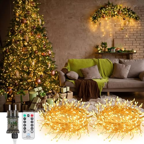 GuKKK LED Lichterkette aus Kupferdraht, 2PCS 5M 300 LED Lichterkette Außen, Lichterkette Weihnachtsbaum Warmweiß mit Fernbedienung, Wasserdicht IP65, für Weihnachtsdeko Innen Außen Weihnachten Party