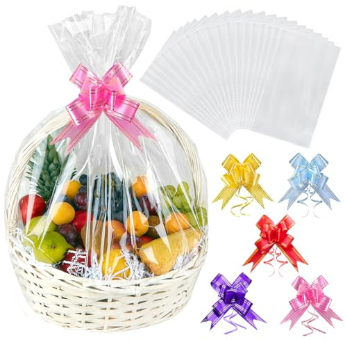 PYGHAP 20pcs Large Clear Cellophane Basket Bags Christmas Fruit Bags, 40x31 inches Basket Wrap Bags Hamper Wrapping Bags with 20pcs Bows, for Halloween Easter Fruit Baskets and Present Packaging