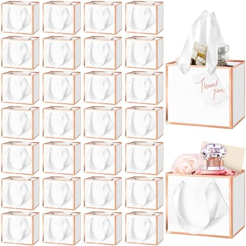 Yeaqee 50 Pcs Mini Gift Bags with Handles Small Gift Bags Metallic Foil Paper 4x4.75x2.25'' Extra Small Thank You Gift Bags Bulk with Tag for Fall Party Halloween Christmas Wedding(White, Rose Gold)