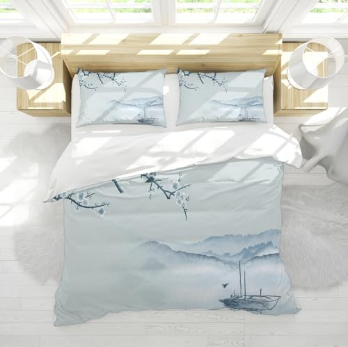 Estilo Tradicional Funda de Edredón Set 3 Piezas Pintura de Tinta de Paisaje Azul Claro Juego de Ropa de Cama de Dormitorio Suave con 2 Vergüenzas de Almohada Cremallera 4 Lazos 155 x 220 cm