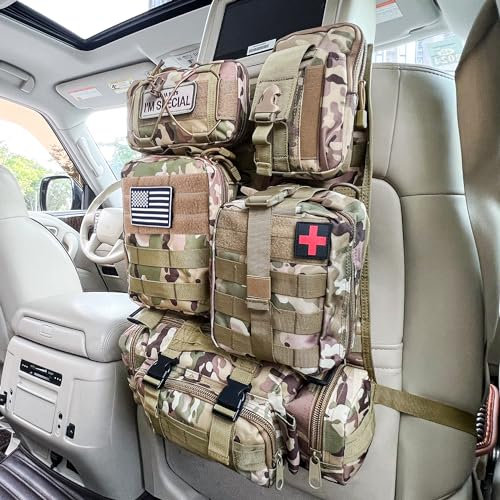 MEEWOO Tactical Vehicle Seat Back Organizer, Universal Tactical Seat Cover Molle Panel with 5 Detachable Pouches - Medical, Phone, Admin Storage Bags Fit for Jeep Truck Car Camping Off Road (CP Camo)