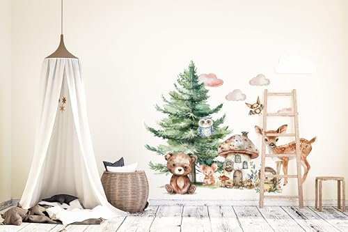 wolga-kreativ Wandtattoo Kinderzimmer - Wandsticker Wald Tiere Bär REH Deko Kinderzimmer - Wandaufkleber Mädchen Junge Babyzimmer Wandsticker Mädchen Junge