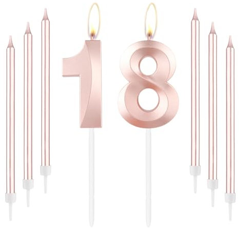 mciskin Rose Gold 18 Birthday Candles-Number 18 Candle for Cake with Long Thin Candles Set, Rose Gold Cake Topper for Girl 18th Birthday Decorations Supplies,18th Wedding Anniversary Decorations