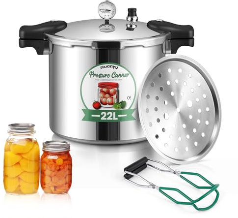 Huanyu Olla a Presión 22L con Manómetro y Peso de Presión 15PSI Esterilizador de latas con base de aleación compatible con cocinas de inducción y gas Conservas a presión