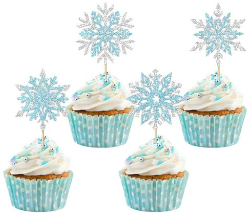 DazzJoy Schneeflocke Tortendeko,24 Stück Schneeflocken Cupcake Topper Blau Silber,Glitzer Frozen Tortendeko Schneeflocke,Winter Frozen Cake Topper,Schneeflocken Muffin Deko für Weihnachten Geburtstag