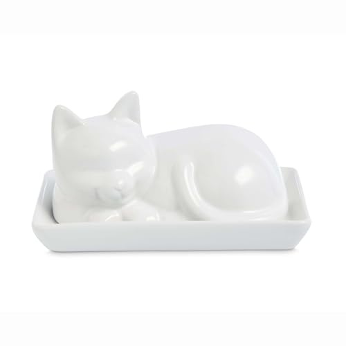 HIC Kitchen Cat Butter Dish with Lid, Fine White Porcelain