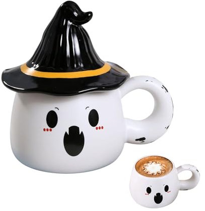 Tasse fantôme avec couvercle, tasse citrouille pour Halloween, tasse mignonne en céramique, tasse d'Halloween avec design fantôme, tasse citrouille, cadeau d'automne parfait (blanc)