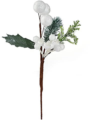 HBALDTEDC Zweige Weihnachten, Weihnachtsstiele mit weißen Beeren, 12 Stück, künstliche immergrüne Kiefer(White)