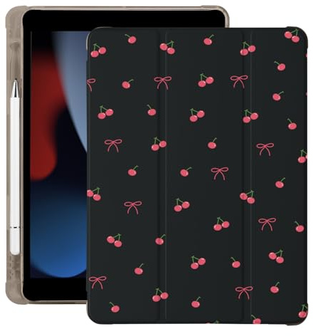 Cute Kawaii Cherry Bow for iPad Air 3 for iPad Pro 10.5 Inch 2017 | with Pencil Holder | Auto Sleep/Wake | Multiple Viewing Angles Black Leather Soft TPU Back Cover
